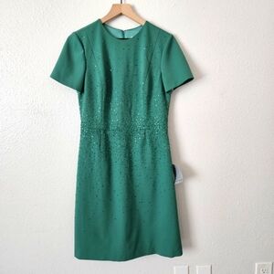 NWT Carolina Herrera Wool Stretch Midi Dress Beaded embelished Size 10 Green